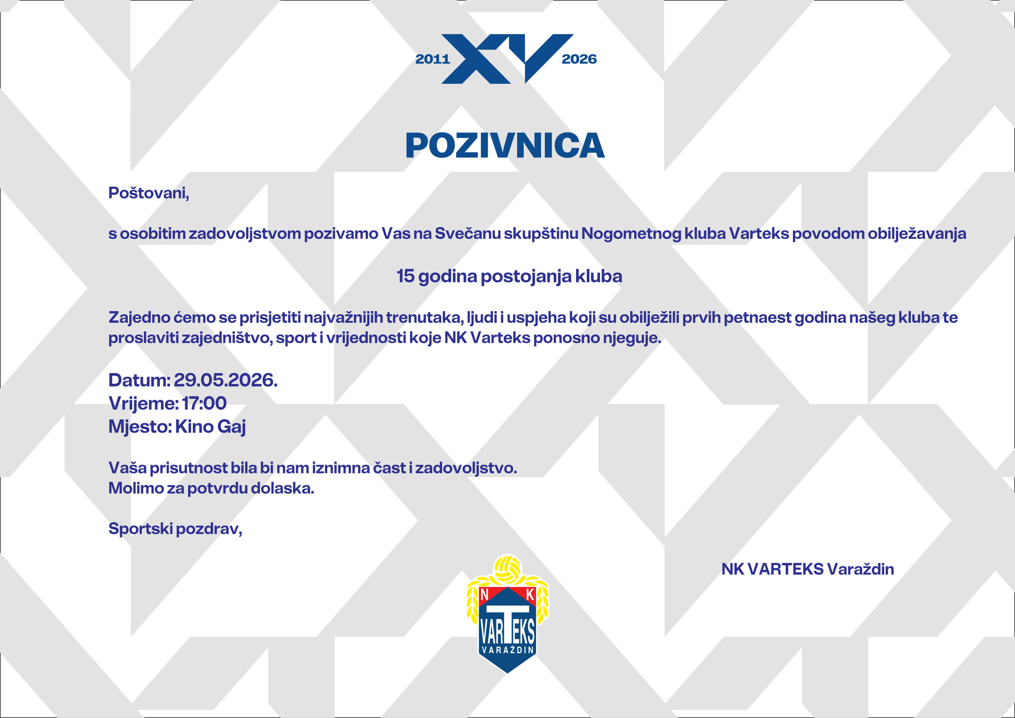 Pozivnica Nk Varteks 15 godisnjica
